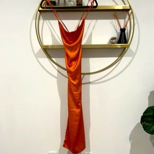 Rust orange satin cowel neck midi dress